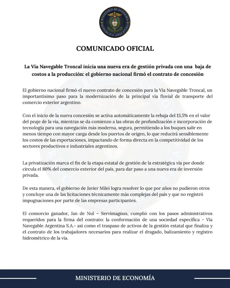 Fragmento del comunicado emitido por el Ministerio de Economía.