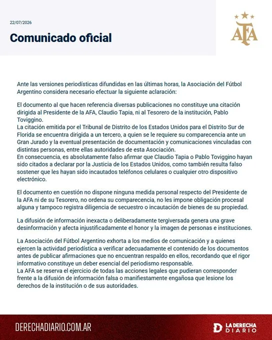 Comunicado oficial de AFA