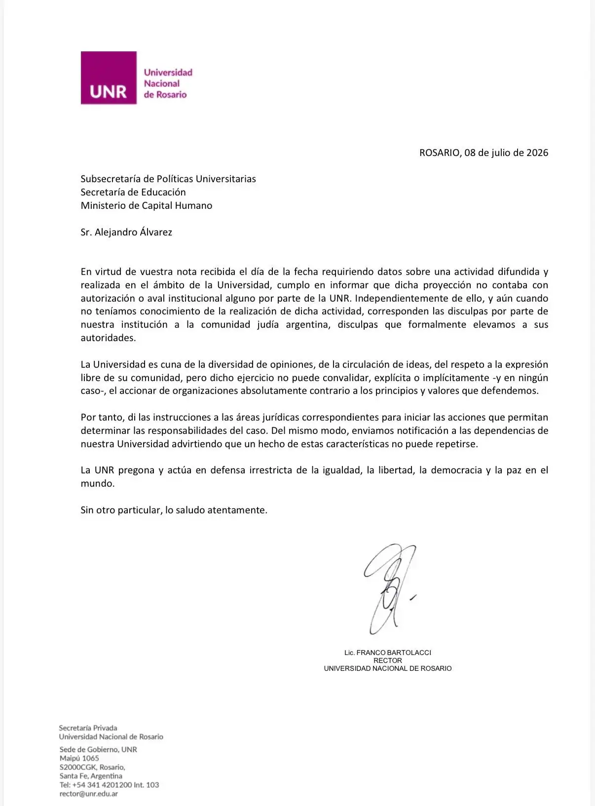 El comunicado de la UNR.