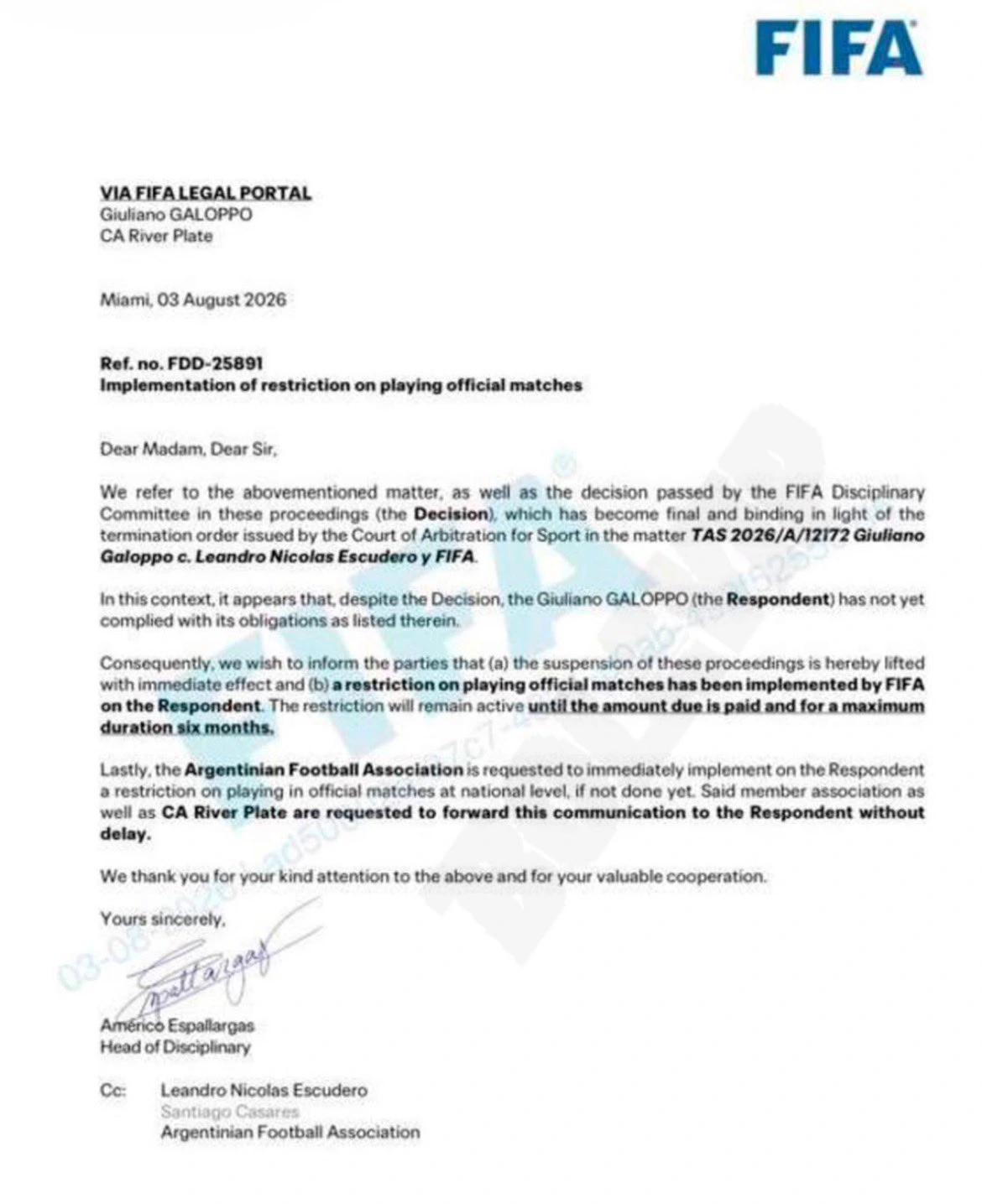 El comunicado de la FIFA sobre la sanción de Galoppo