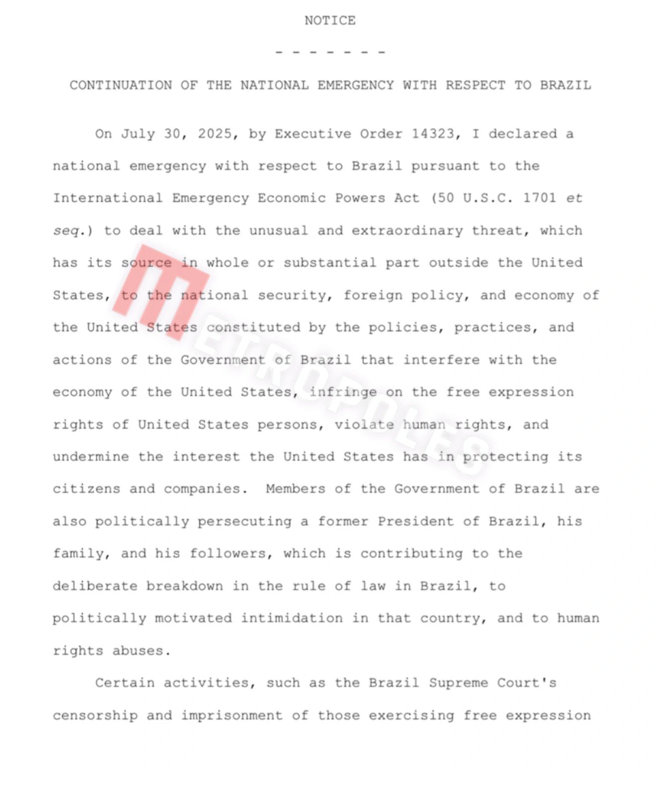 Fragmento del comunicado oficial que fundamenta la emergencia nacional de Brasil.