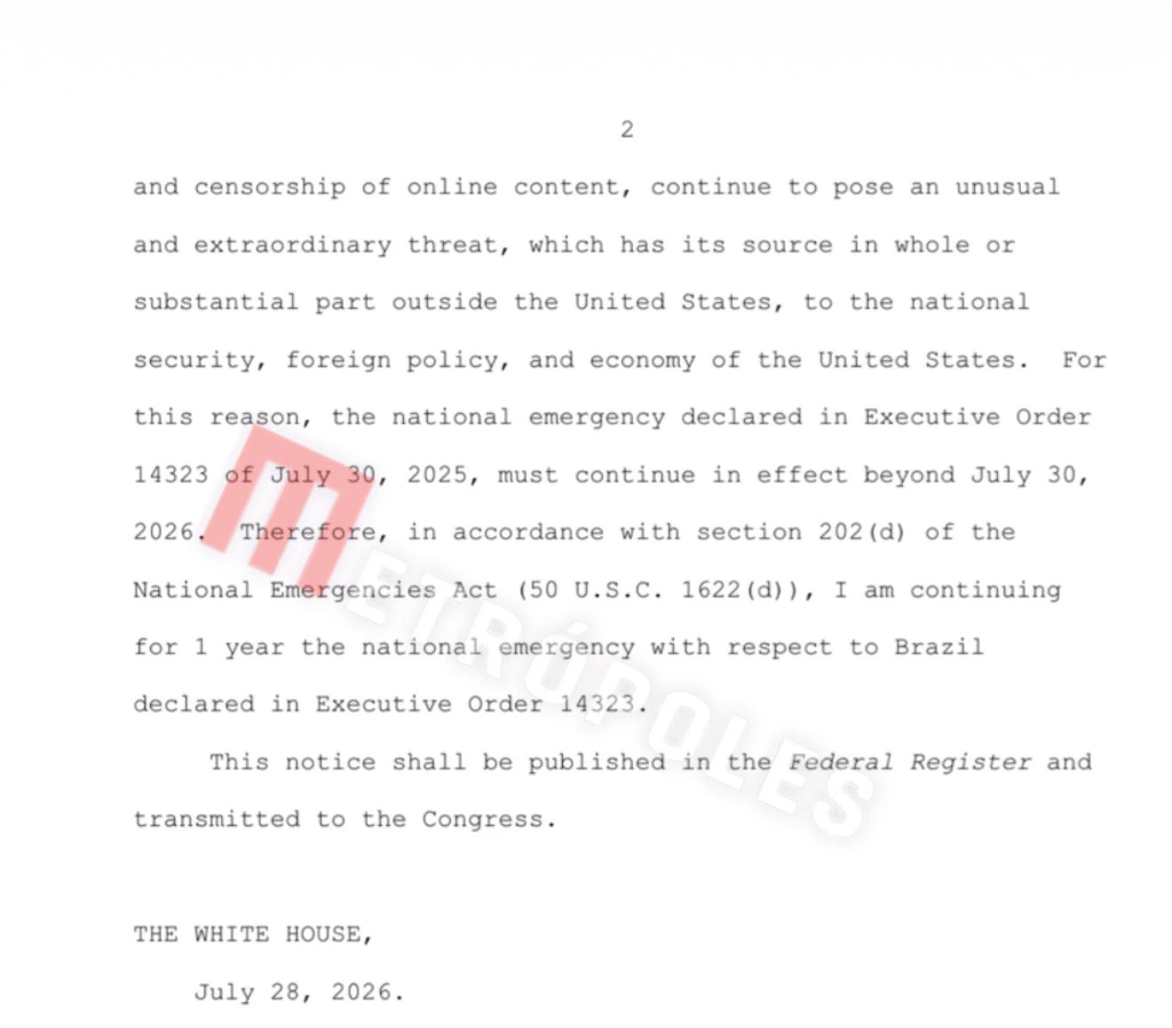 Fragmento del comunicado oficial que fundamenta la emergencia nacional de Brasil.