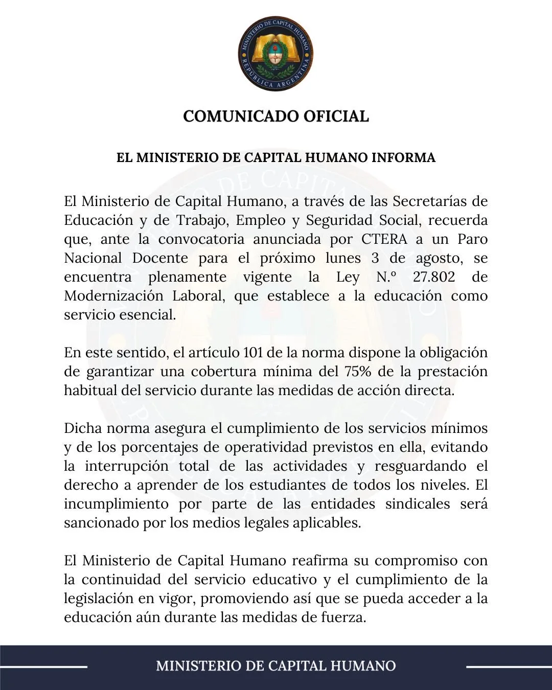 El comunicado emitido por el Ministerio de Capital Humano.