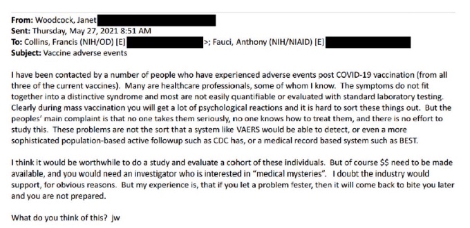 The email that Woodcock sends to Fauci alerting about the vaccines
