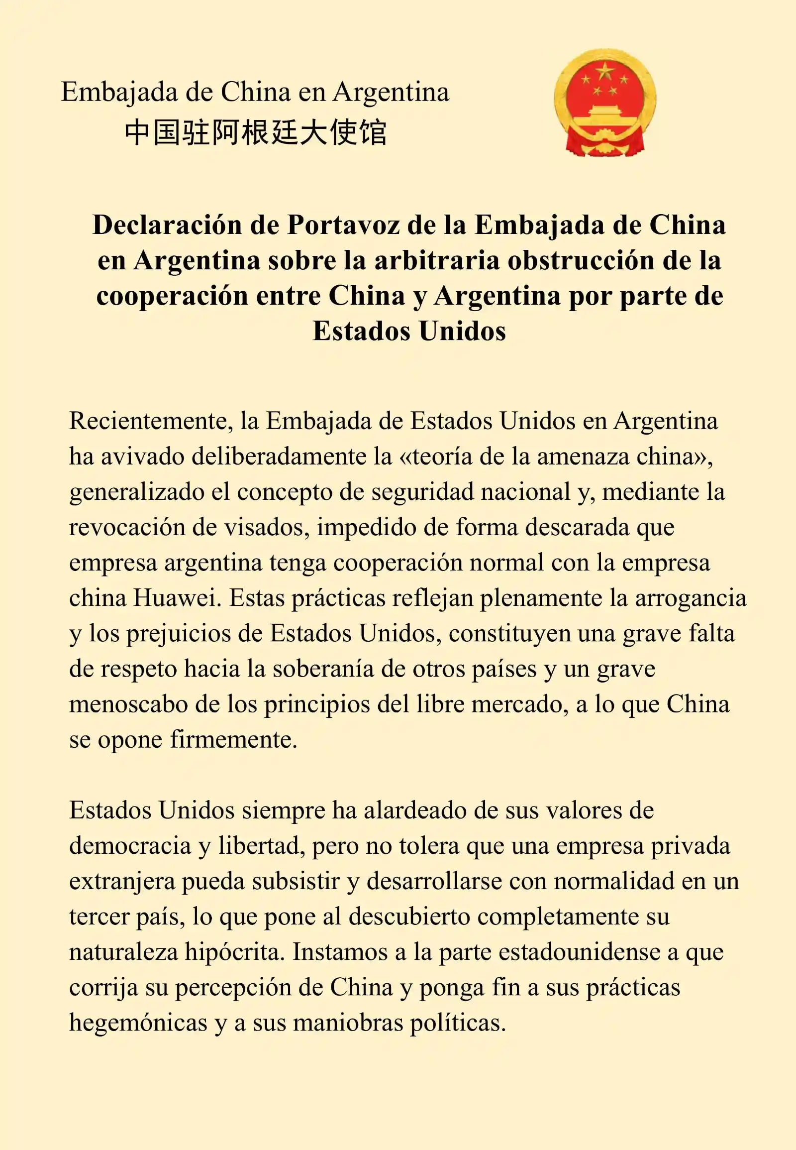 Fragmento del comunicado de la embajada de China en Argentina.