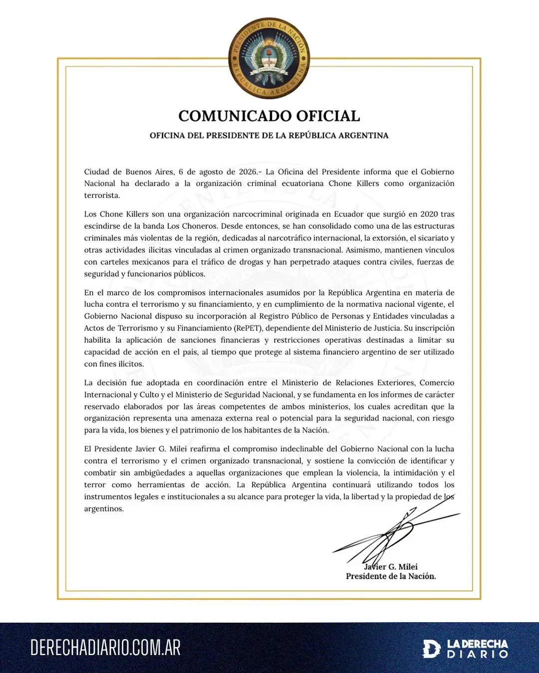 Official statement from the president