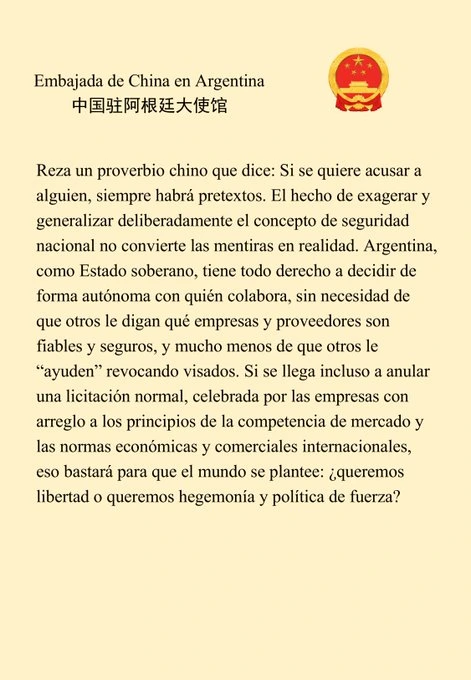 Fragmento del comunicado emitido por la Embajada de China en Argentina.