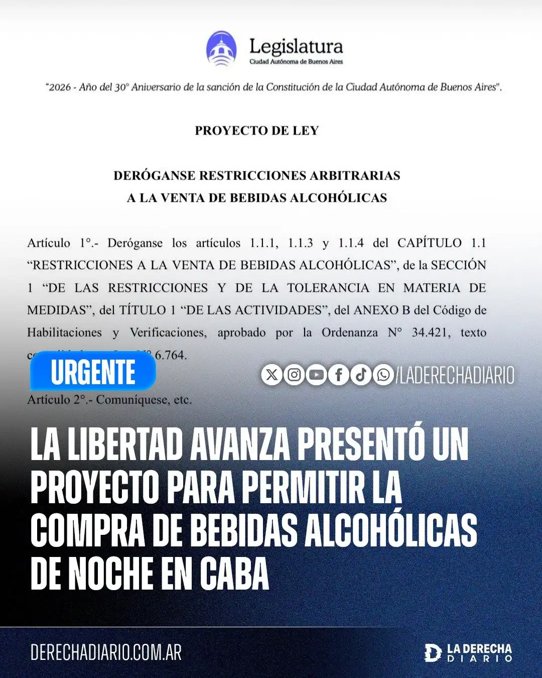El proyecto busca habilitar la compra de bebidad alcohólicas prohíbidas durante la noche en CABA.