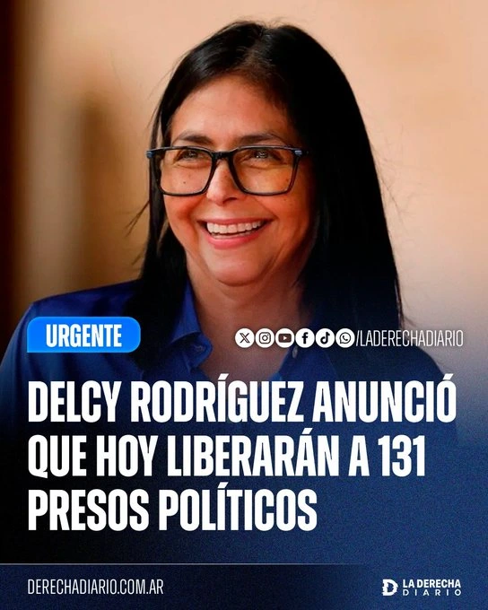 Delcy Rodríguez announced that today Venezuela will release 131 political prisoners