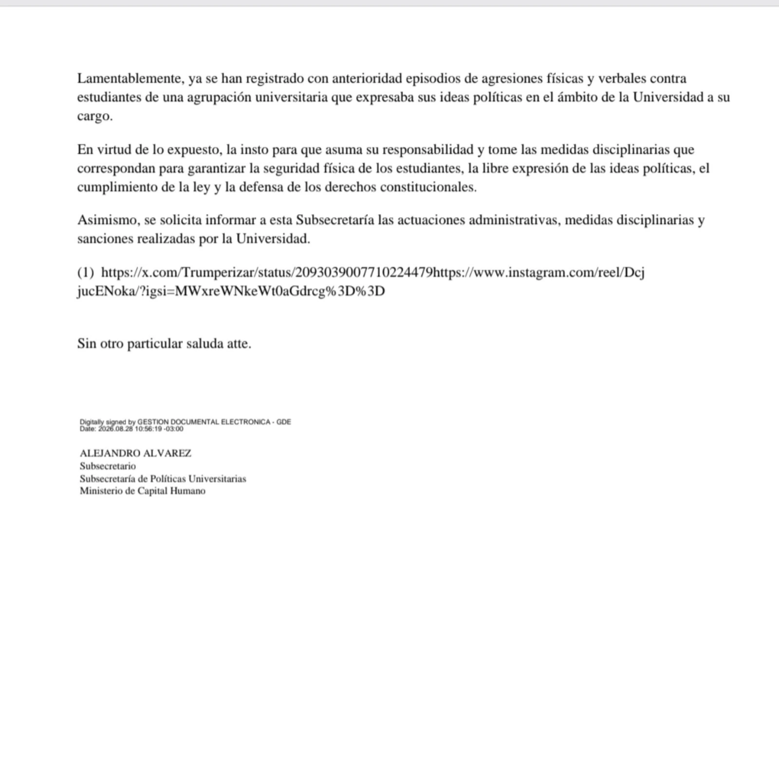 La nota del Gobierno de Milei.