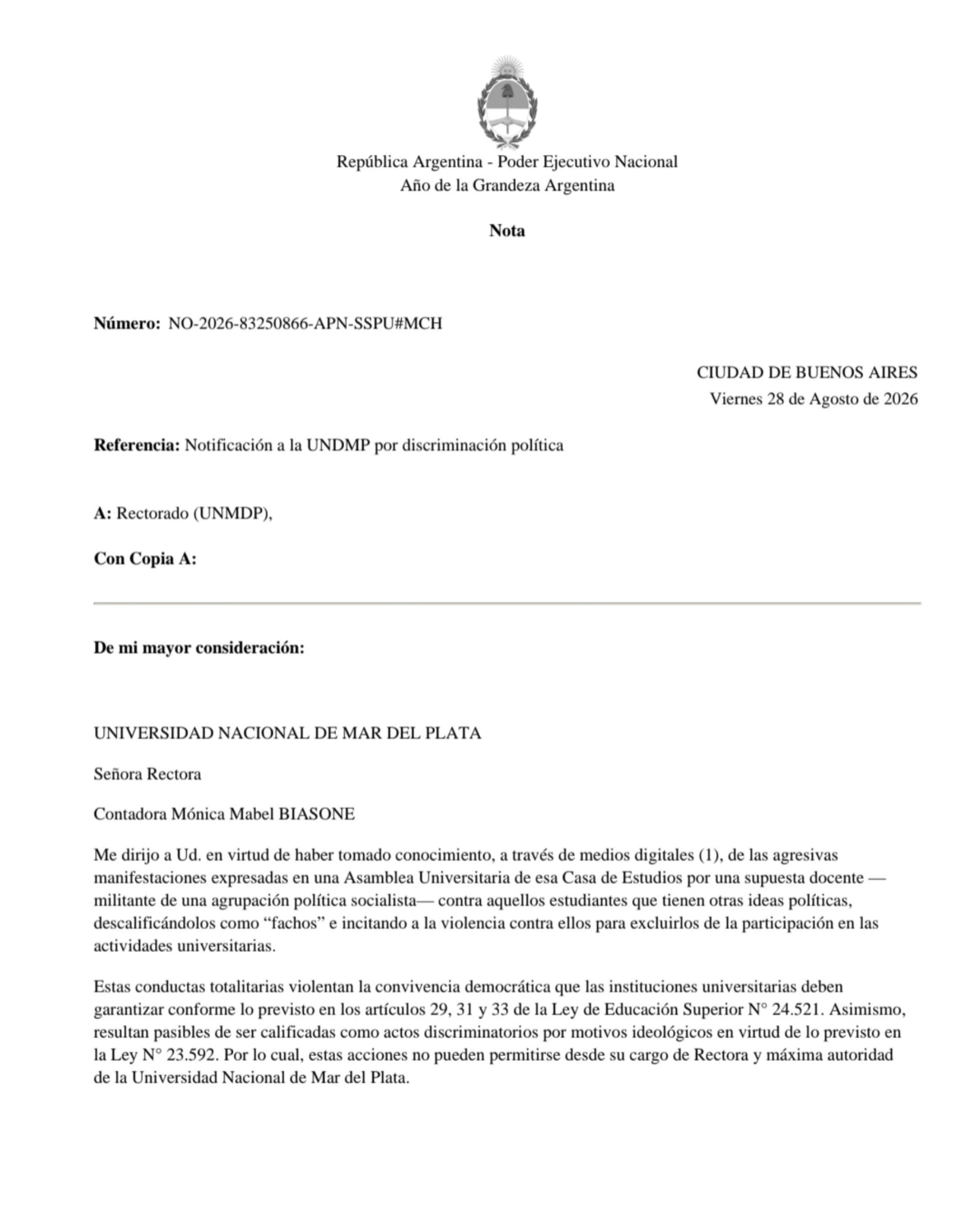 La nota del Gobierno de Milei.