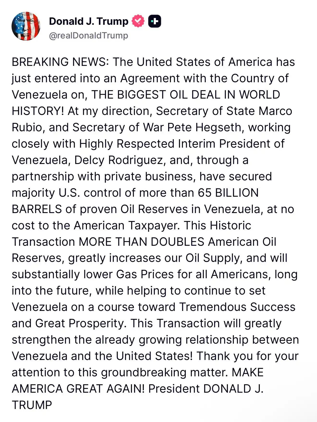 The statement from Donald Trump on Truth Social