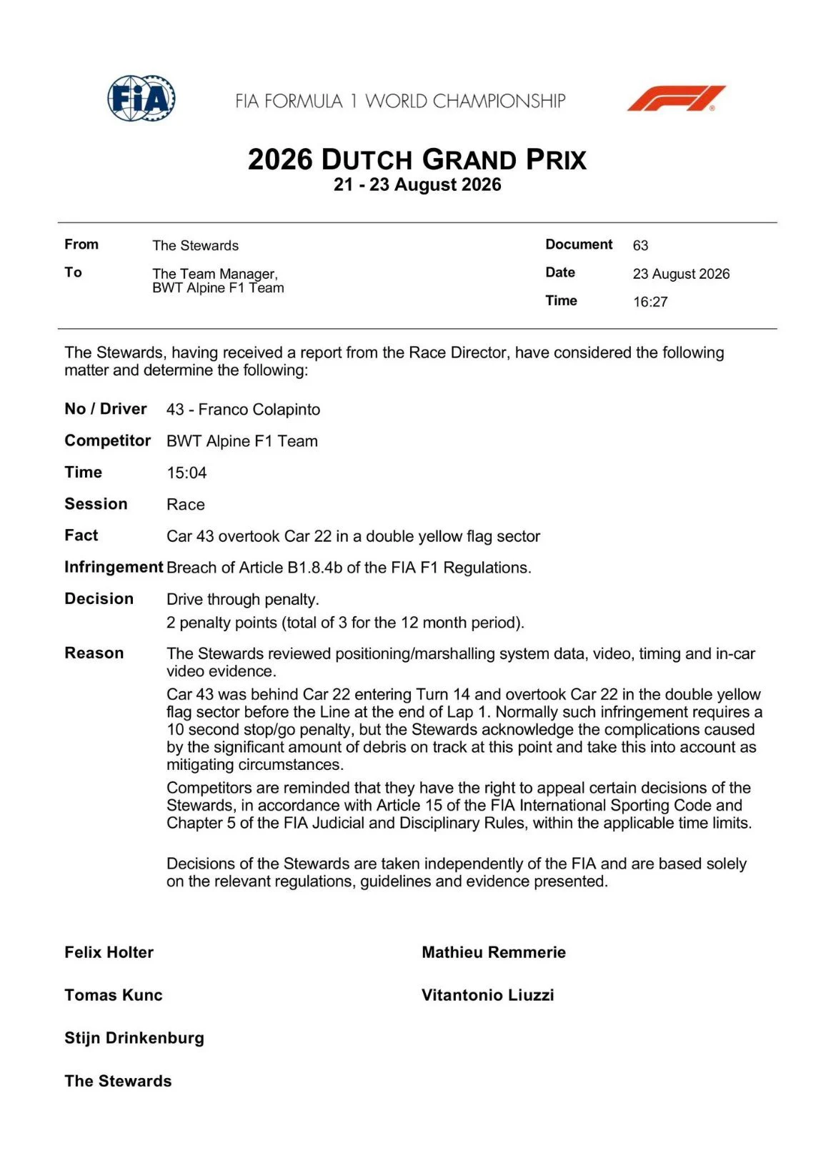La resolución de la FIA sobre la sanción de Colapinto