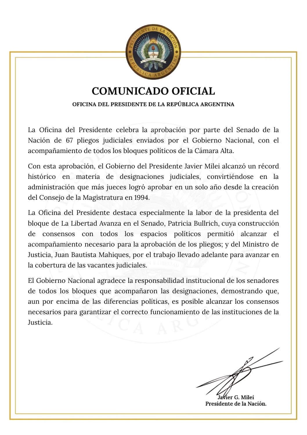 The statement issued by the Office of the President of the Argentine Republic