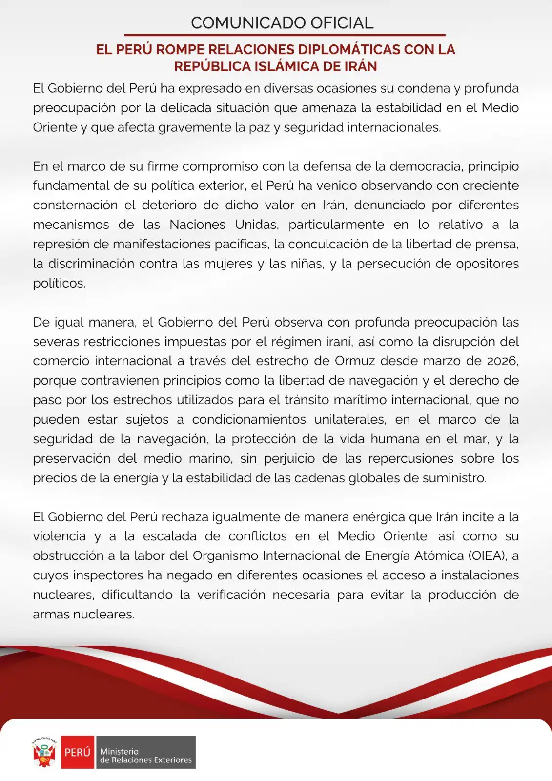 Fragmento del comunicado oficial emitido por autoridades peruanas.