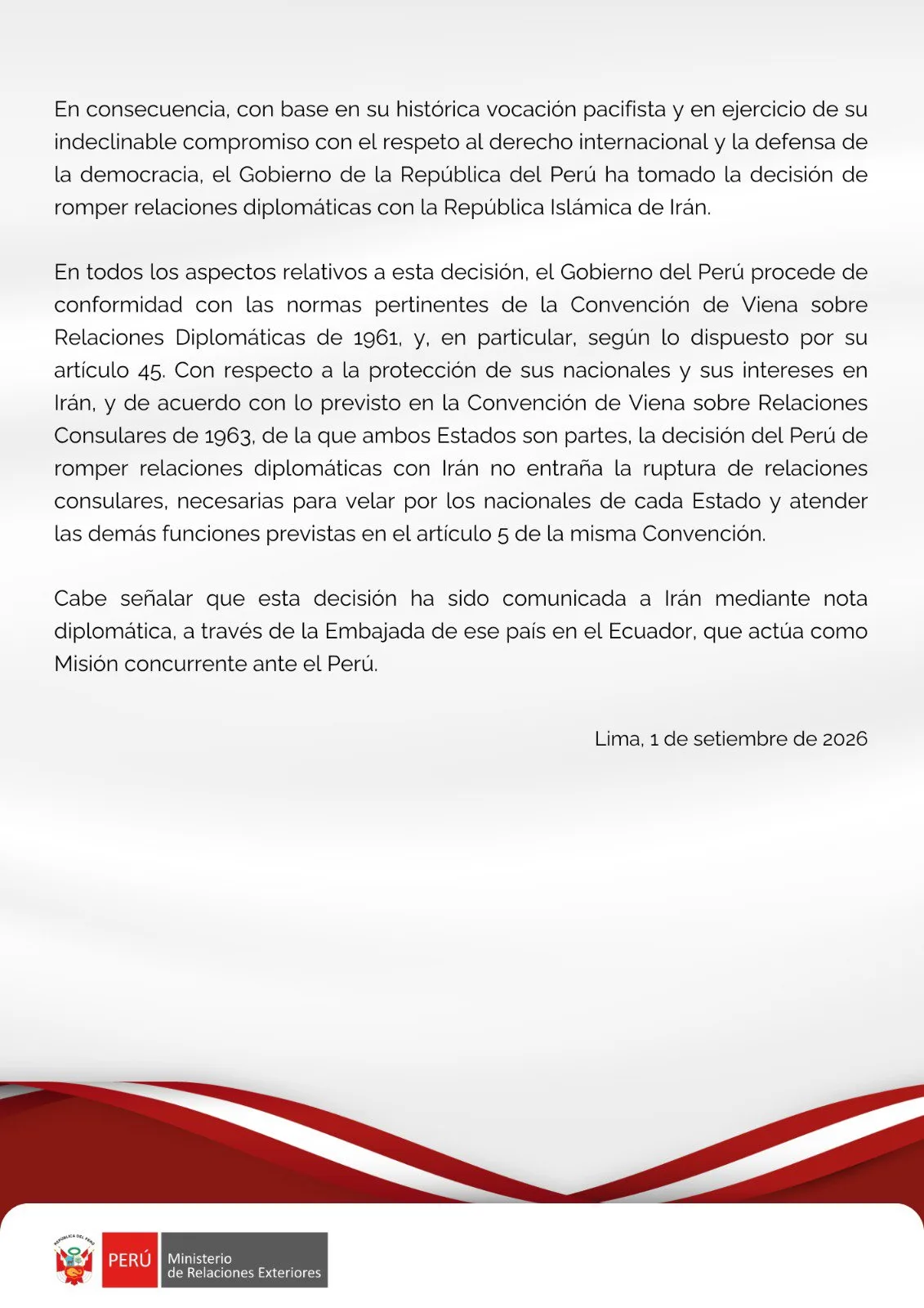 Fragmento del comunicado oficial emitido por autoridades peruanas.