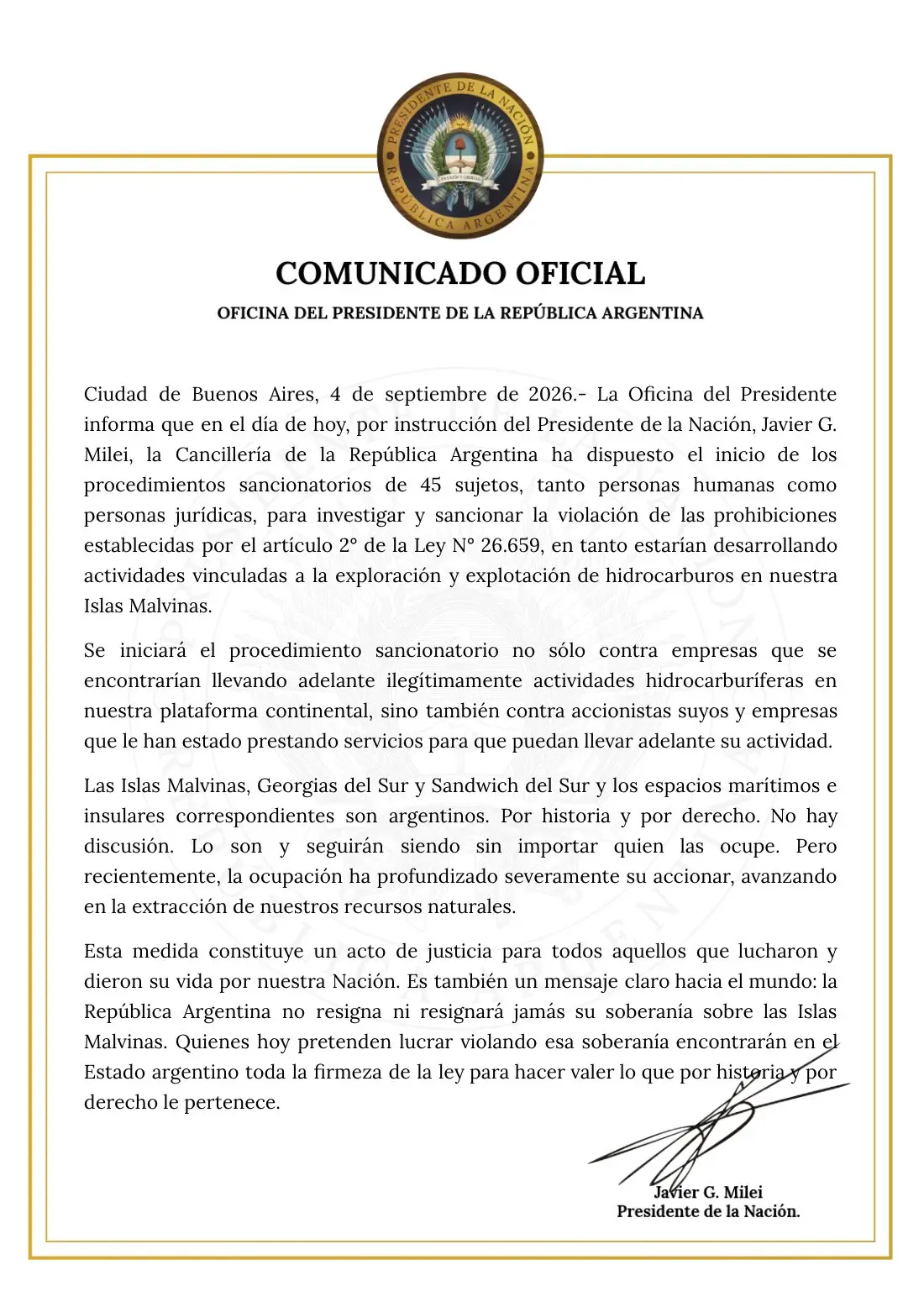 El comunicado emitido por la Oficina del Presidente de la República Argentina.