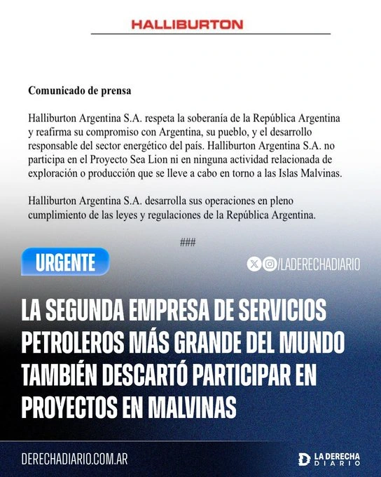La petrolera Halliburton confirmó que no participará de ninguna actividad en las Islas Malvinas Halliburton
