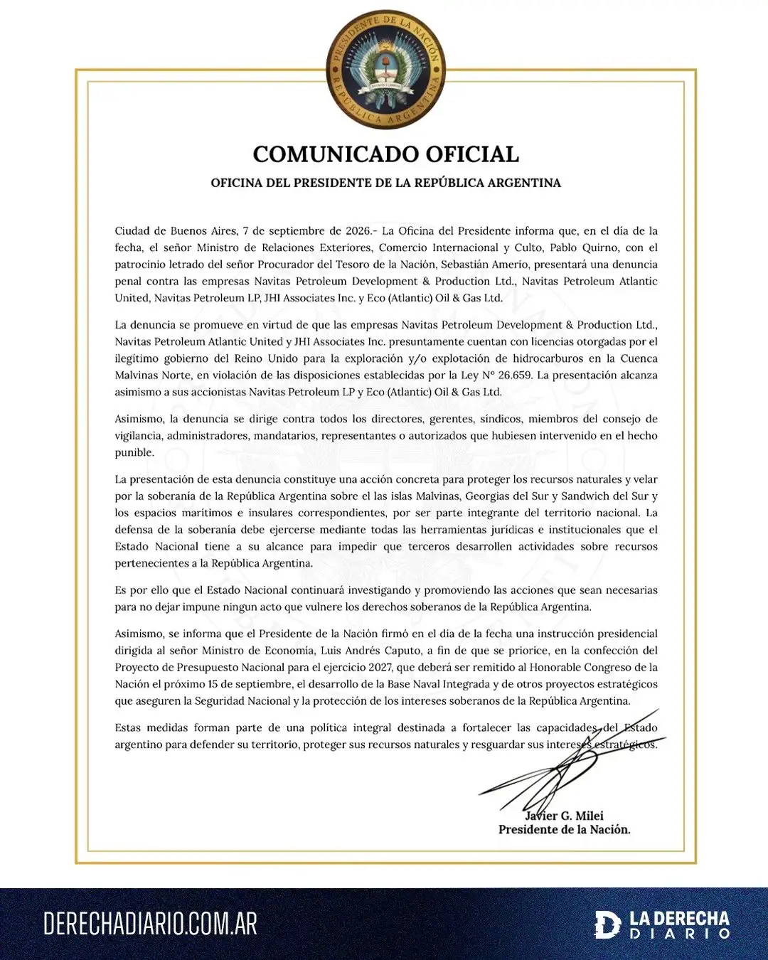 The statement issued by the Office of the President of the Argentine Republic