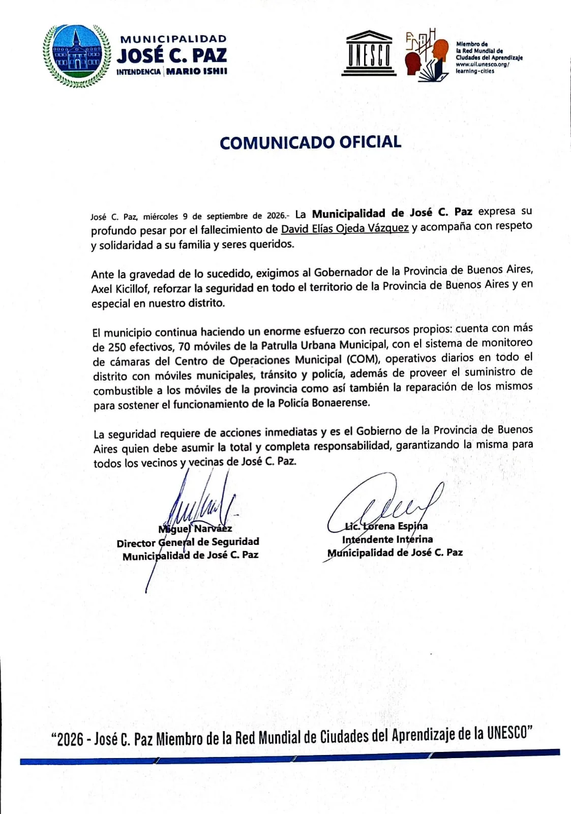 El comunicado del municipio.