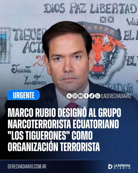 Marco Rubio designó al grupo narcoterrorista ecuatoriano "Los Tiguerones" como organización terrorista