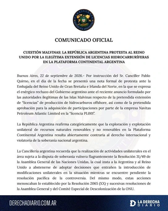 Comunicado oficial de Cancillería argentina emitido el 22 de septiembre de 2026.