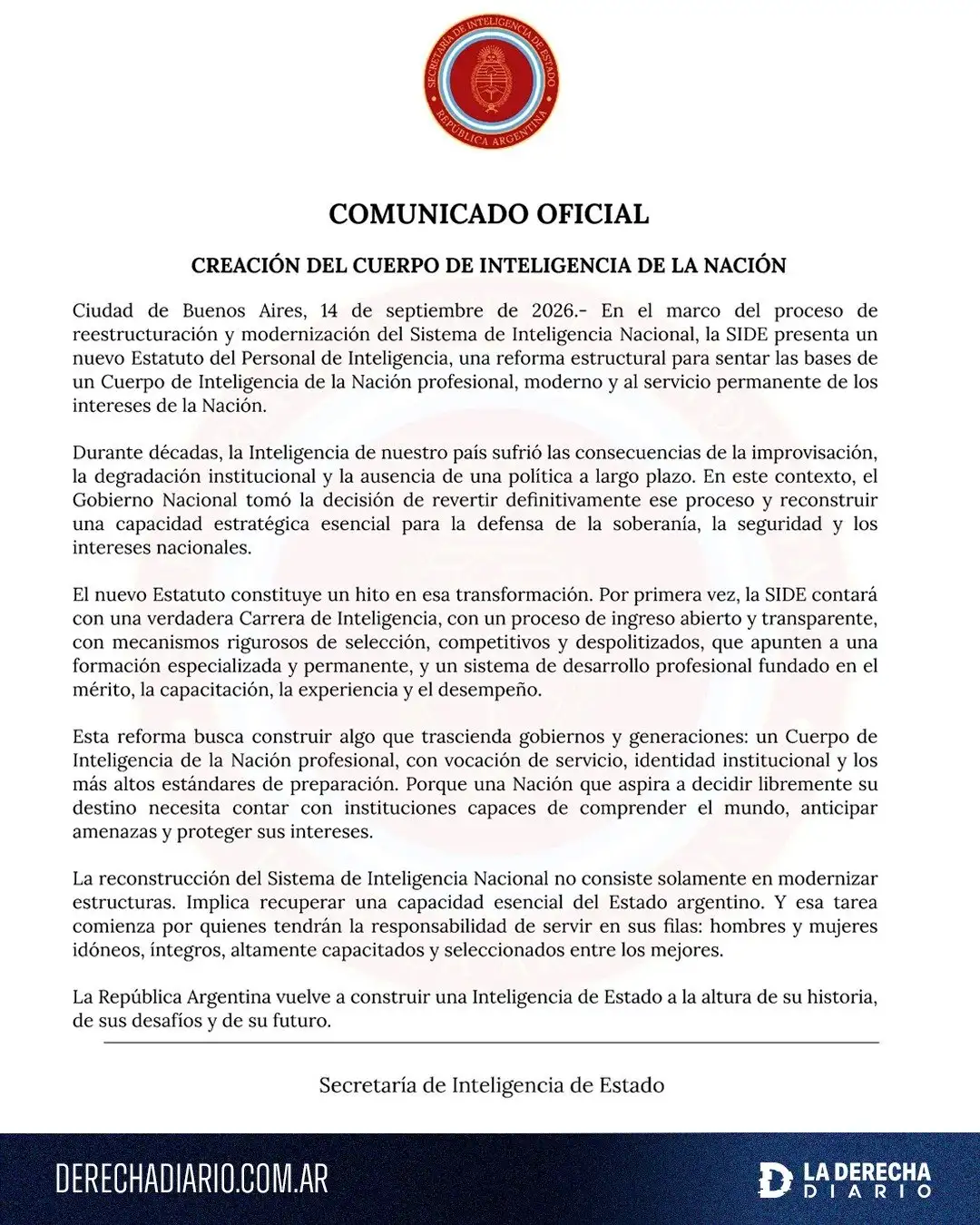 El comunicado oficial emitido por la SIDE.