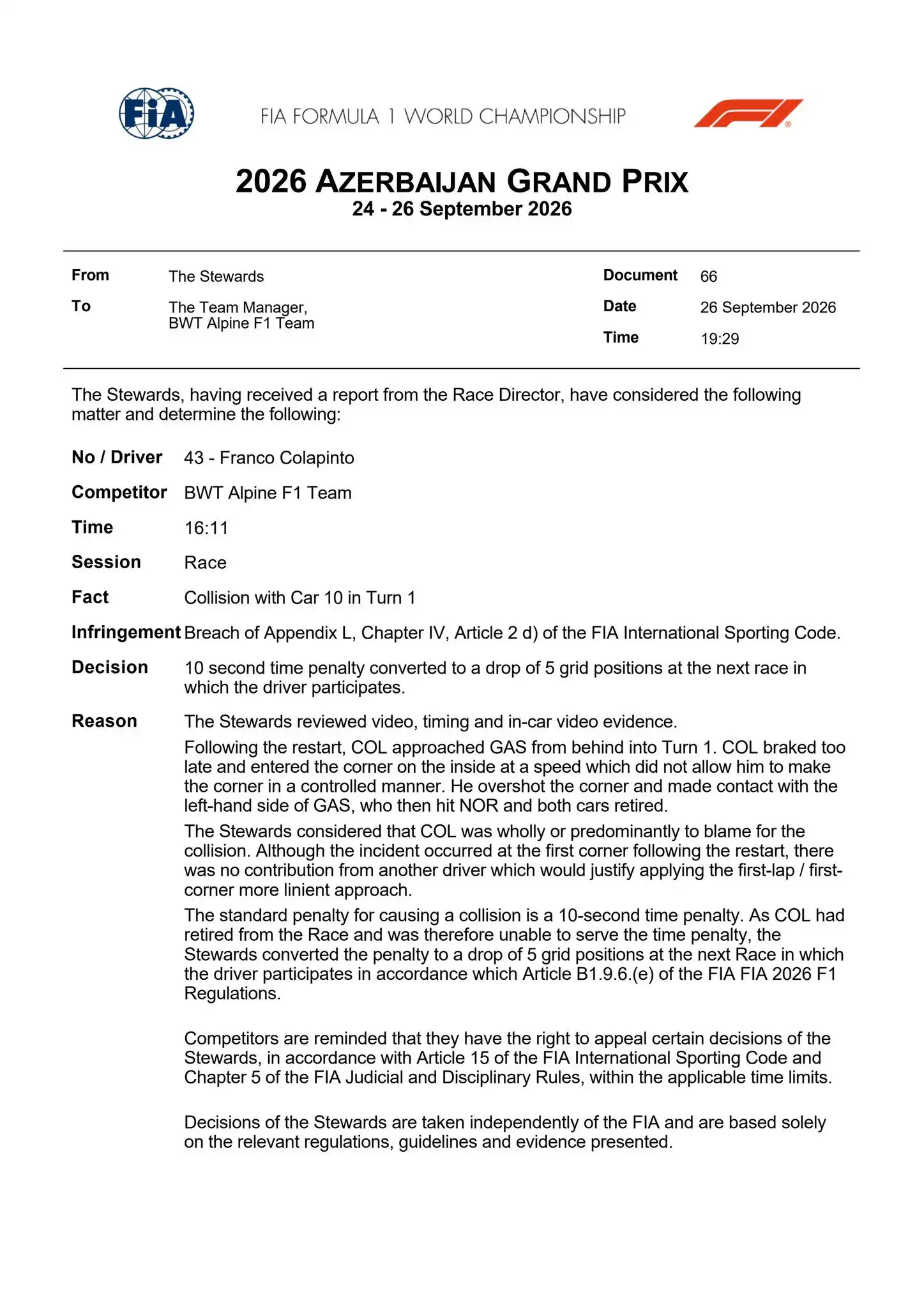 The sanction of Colapinto for his collision in Baku