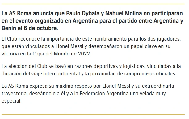 El comunicado de la Roma sobre Dybala y Molina