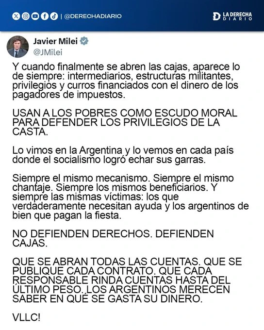 El presidente, Javier Milei en X: