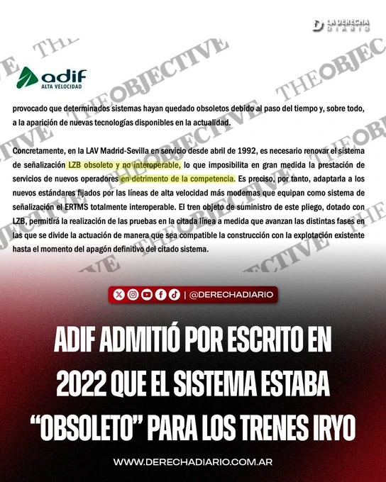 Un documento oficial de ADIF reconocía que el sistema de señalización LZB de la línea Madrid-Sevilla estaba obsoleto y dificultaba la circulación de los trenes
