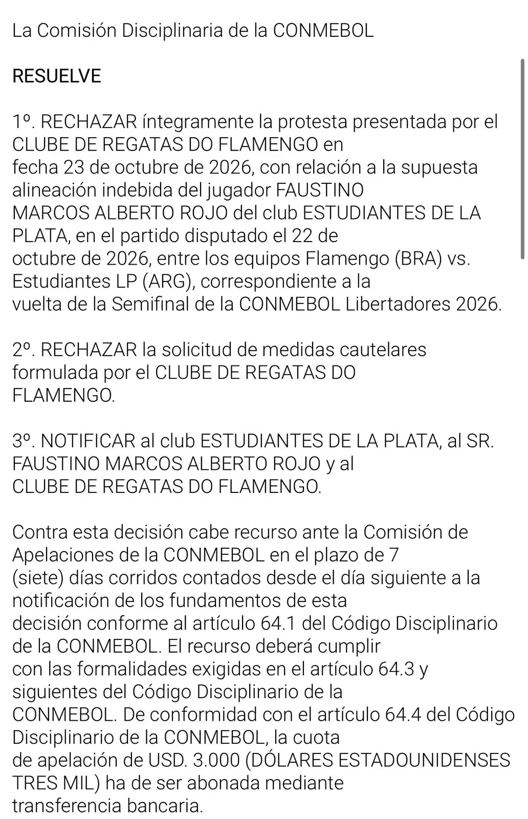 El comunicado de CONMEBOL