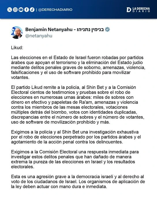 El primer ministro acusó a los partidos árabes de robar las elecciones