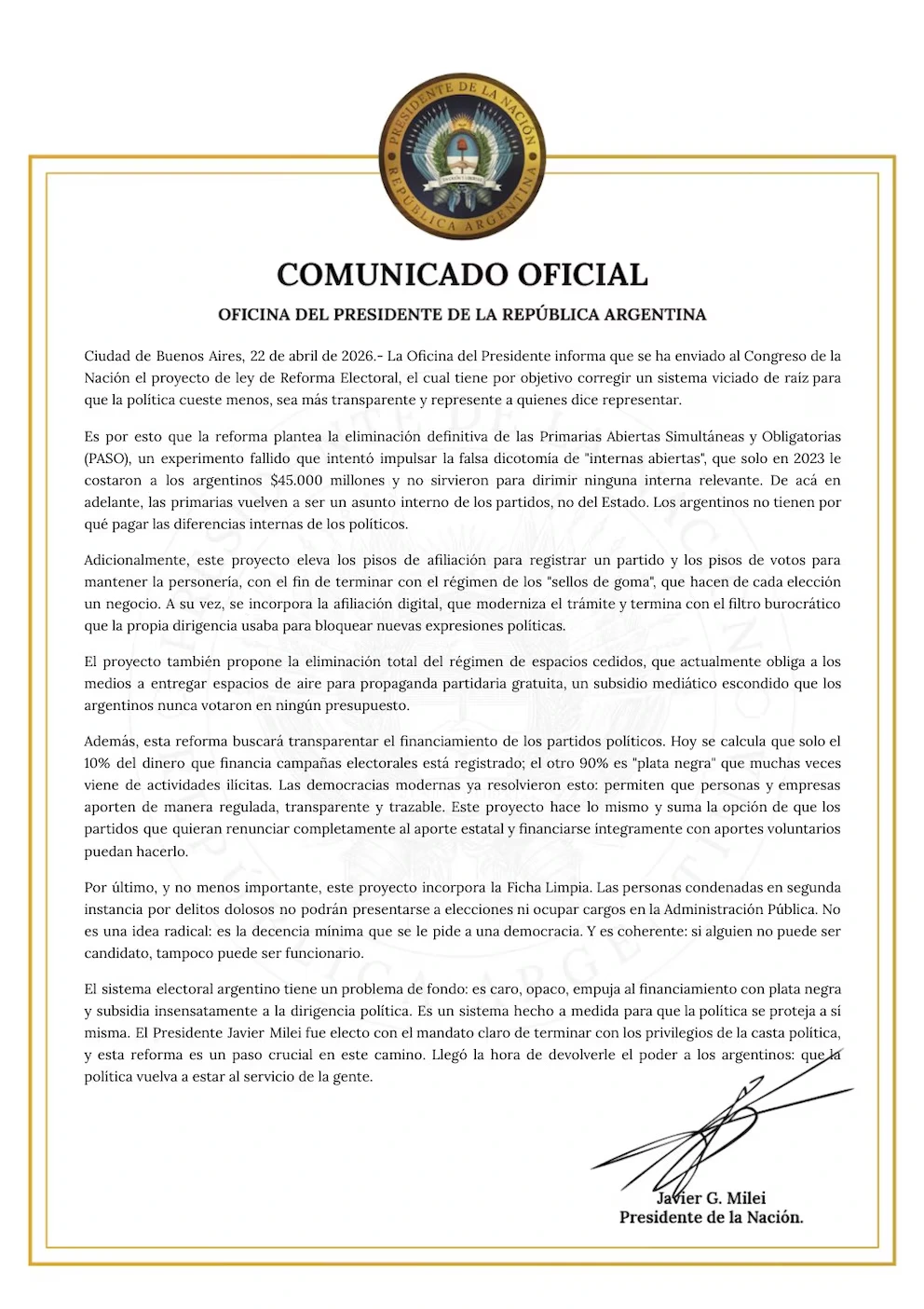 Comunicado oficial del presidente