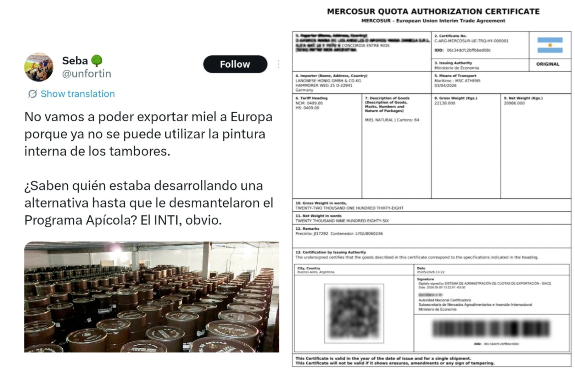 Un kuka dijo que no se podía exportar miel a Europa: dos horas después salió el primer cargamento