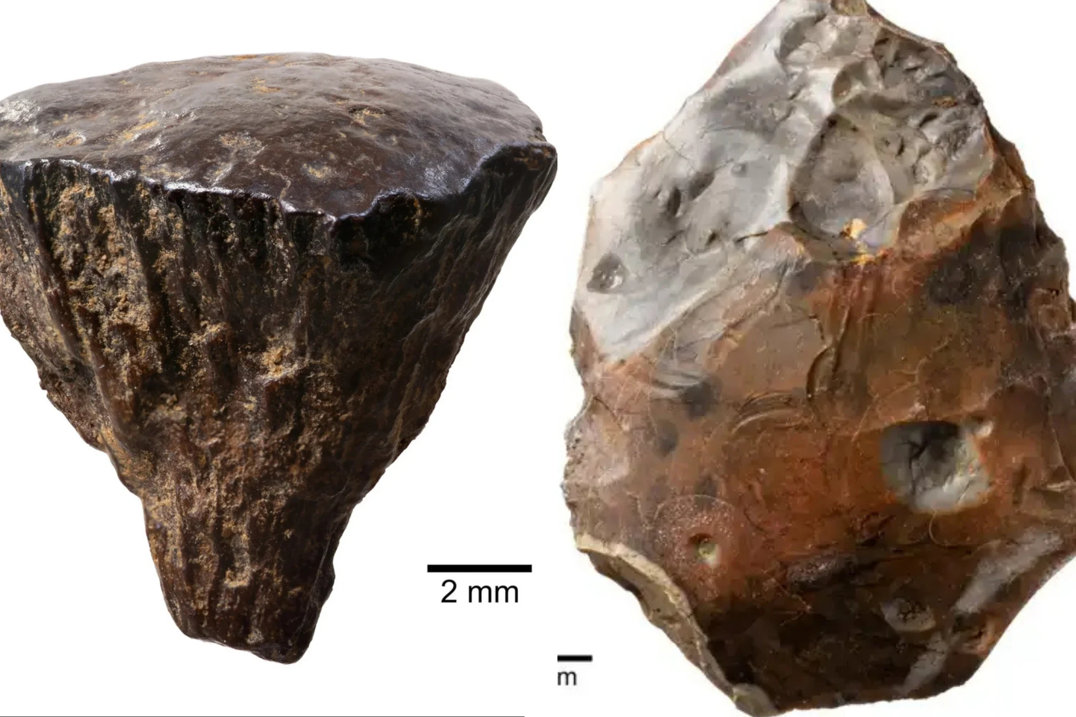 1 - Fragmento de pirita de hierro en East Farm. 2 - Fragmento de hacha roto por el calor utilizado para golpear pirita y encender leña.