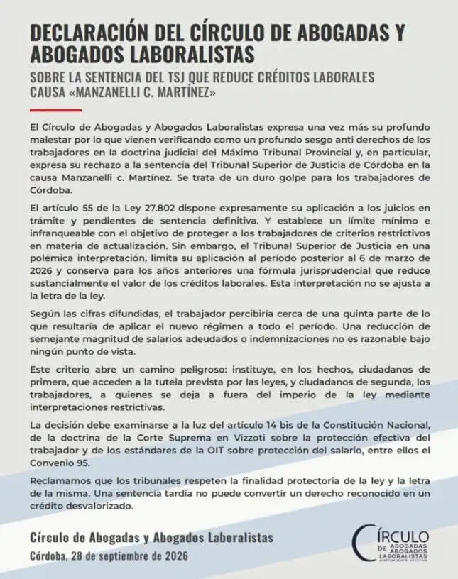 Publicación del Círculo de abogadas y abogados laboralistas de Córdoba respecto del fallo del TSJ