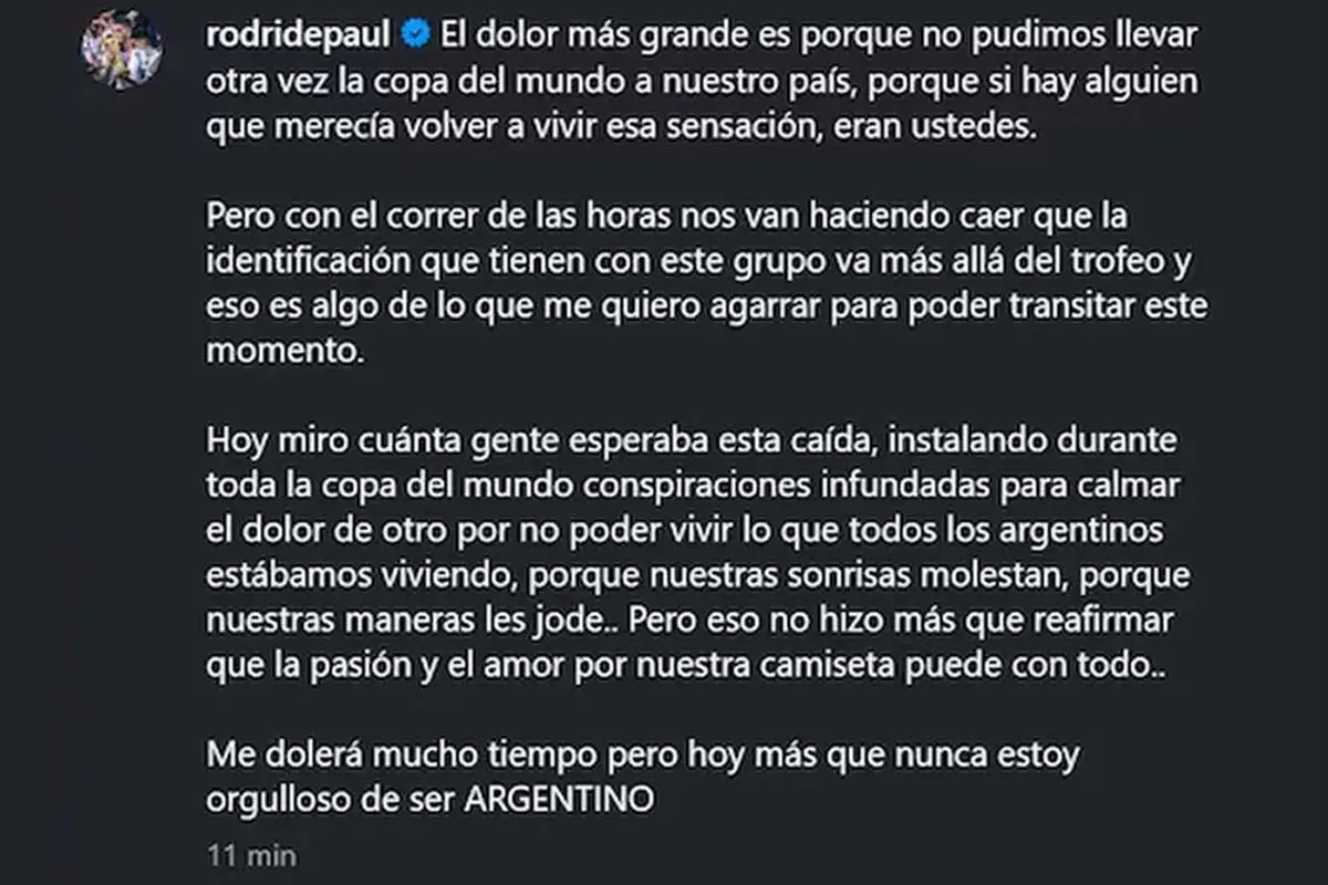 El posteo de Rodrigo De Paul tras la derrota en la final del Mundial 2026