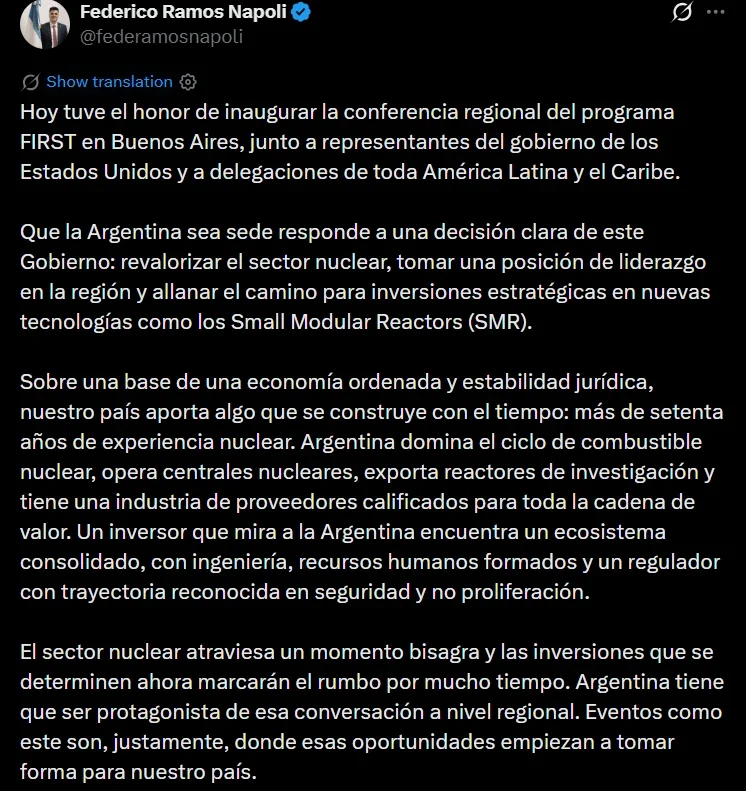 Argentina es sede del Programa FIRST: el Gobierno de Milei allana el camino a la construcción de SMR