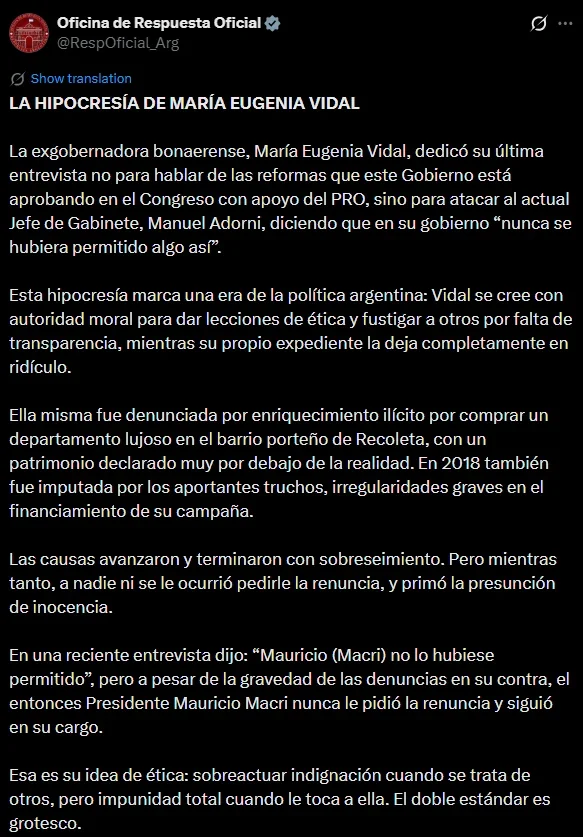 La hipocresía de Vidal: atacó a Adorni pero le recordaron su imputación por aportantes truchos y enriquecimiento ilícito