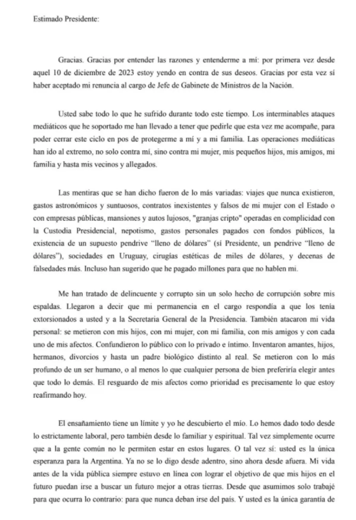 La carta de Adorni
