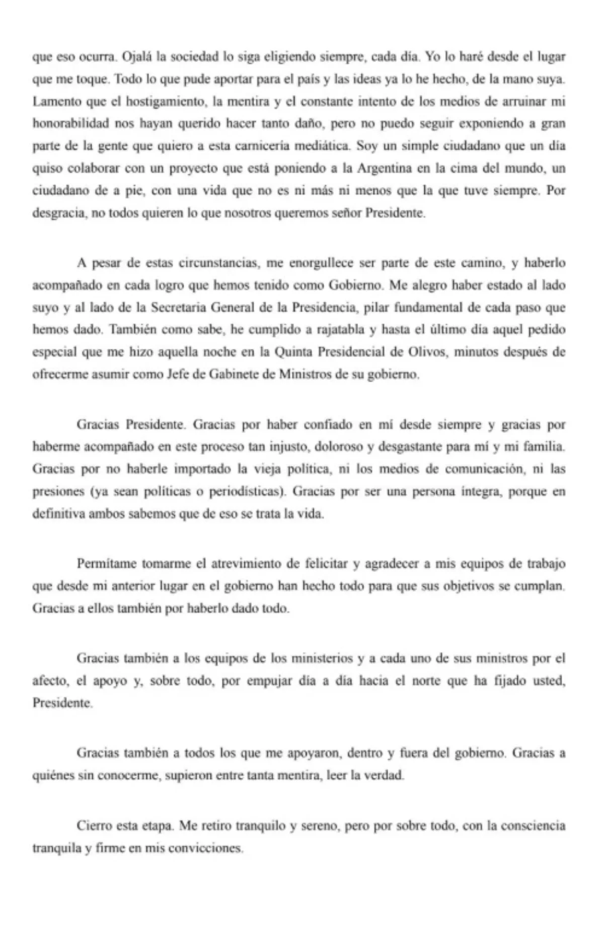 Manuel Adorni presentó su renuncia al Gobierno con una extensa carta: "Me retiro tranquilo y sereno"