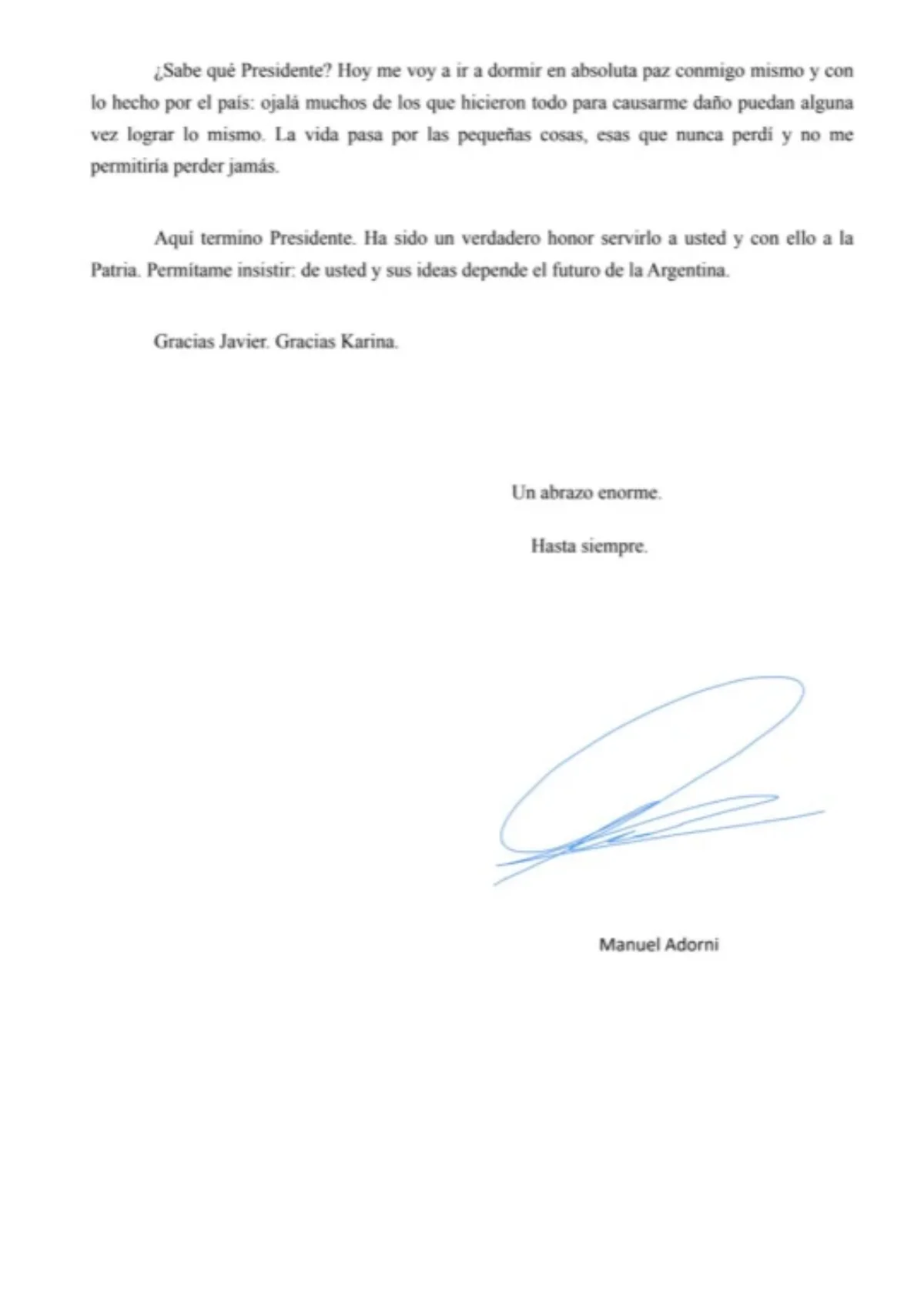 Agradecimiento a Javier y Karina Milei