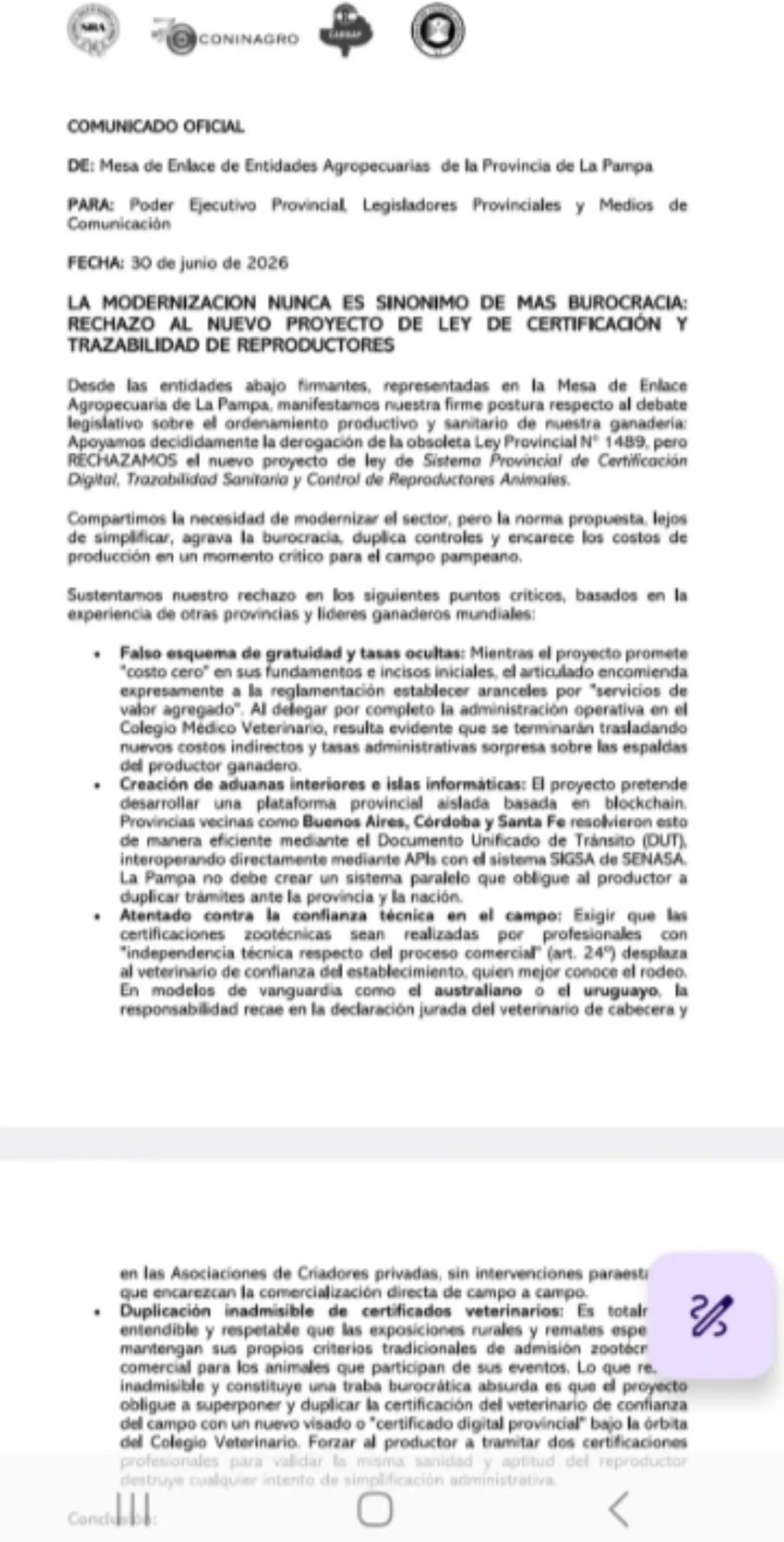 El comunicado del campo