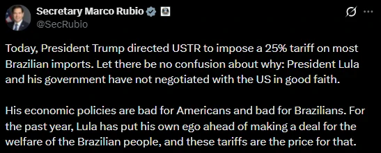 El mensaje de Rubio en X