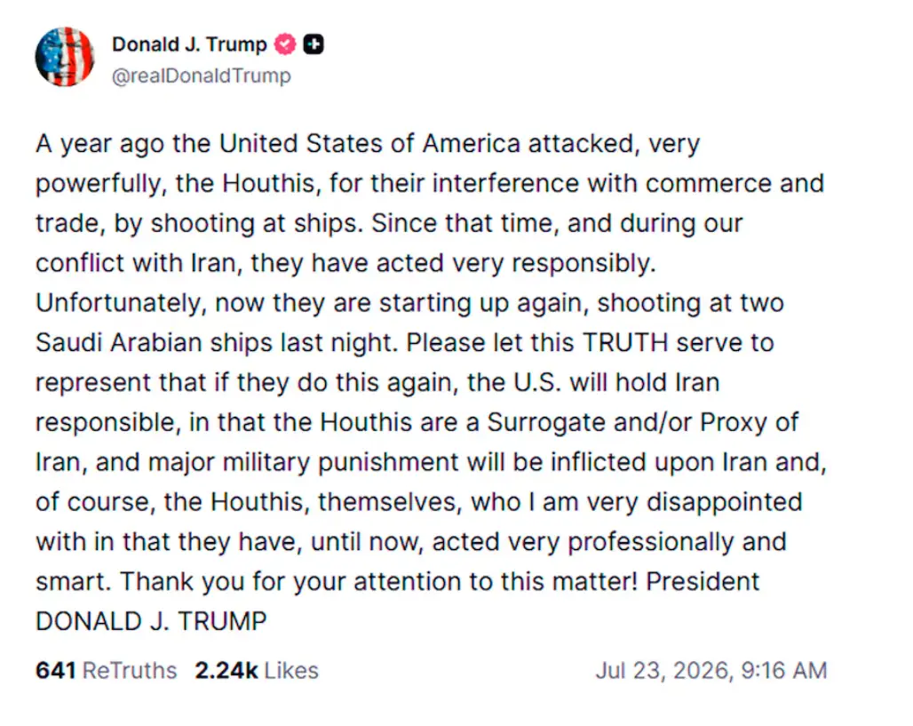 Trump responsabilizó a Irán por los ataques hutíes