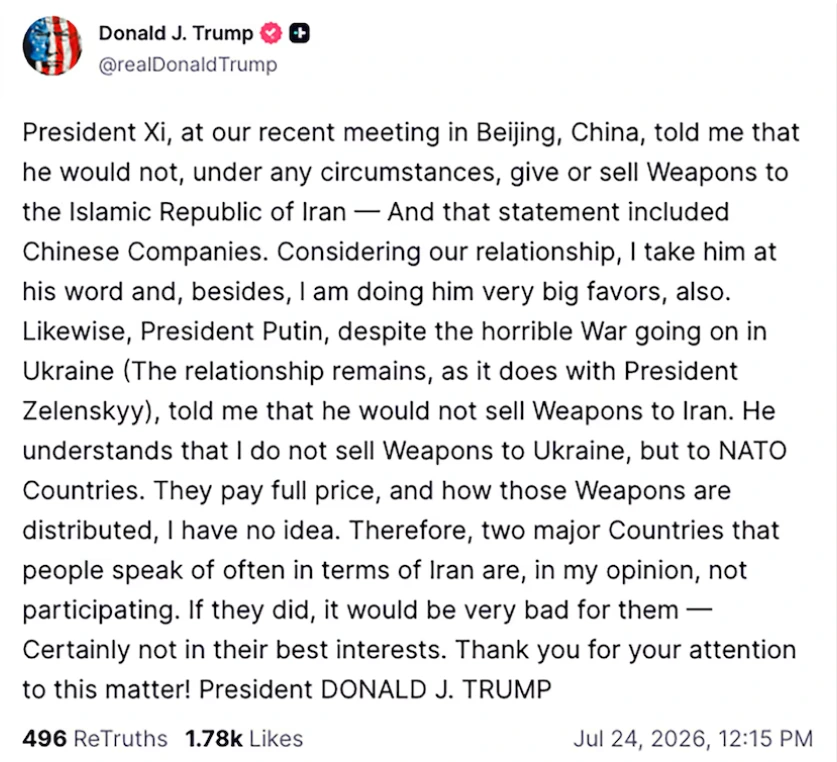 Trump aseguró que Xi Jinping y Putin le prometieron no armar a Irán