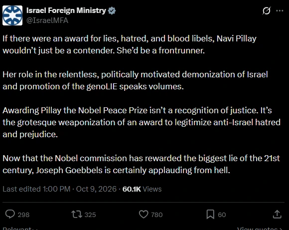Israel cuestionó el Nobel por las acusaciones de genocidio