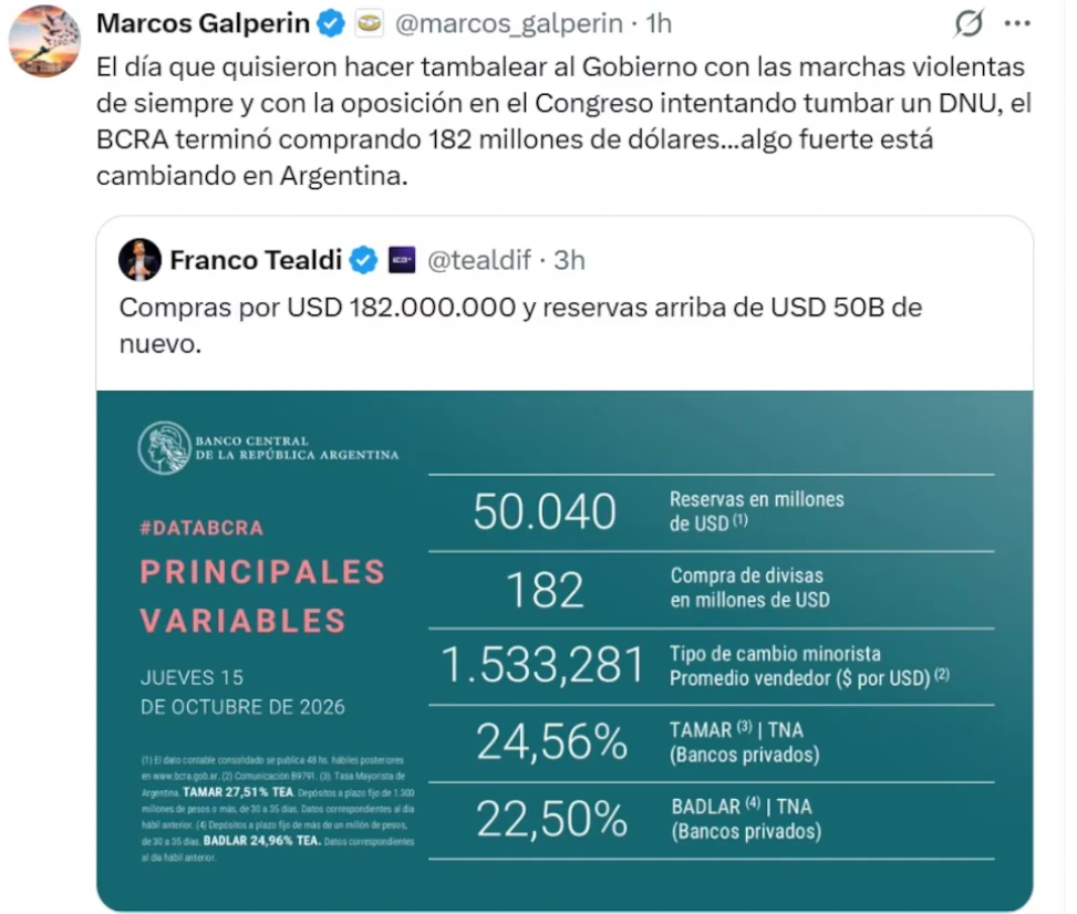 Galperin destacó la compra de dólares del Banco Central