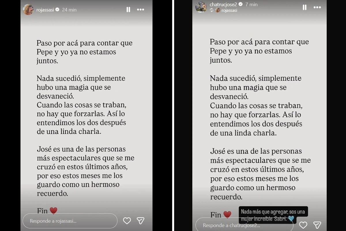 Sabrina Rojas había confirmado previamente la separación a través de sus historias de Instagram